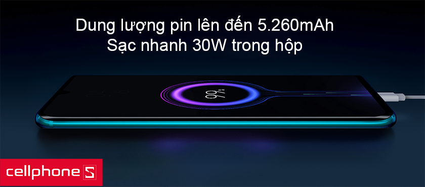 Pin Mi Note 10 Pro có dung lượng lên đến 5.260mAh, kèm chuẩn sạc nhanh 30W