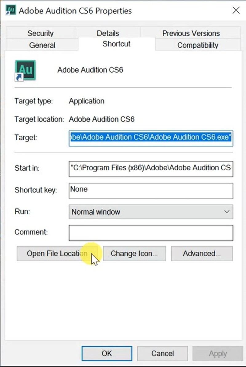Cửa sổ Adobe Audition properties
